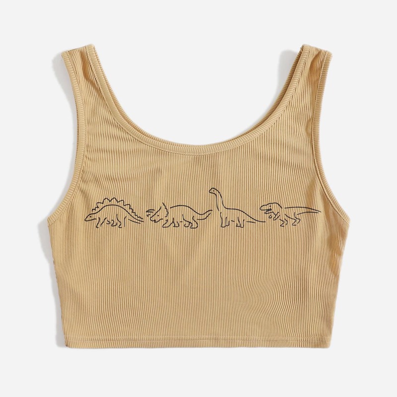 

Cartoon Dinosaur Graphic Ribbed Tank Top, Khaki