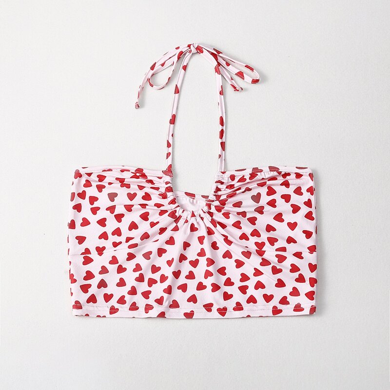 

Heart Print Crop Halter Top, Multicolor