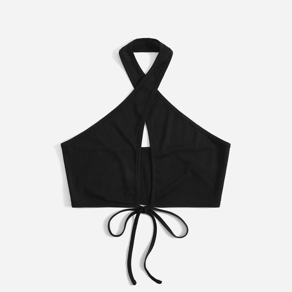 

Solid Tie Front Halter Top, Black