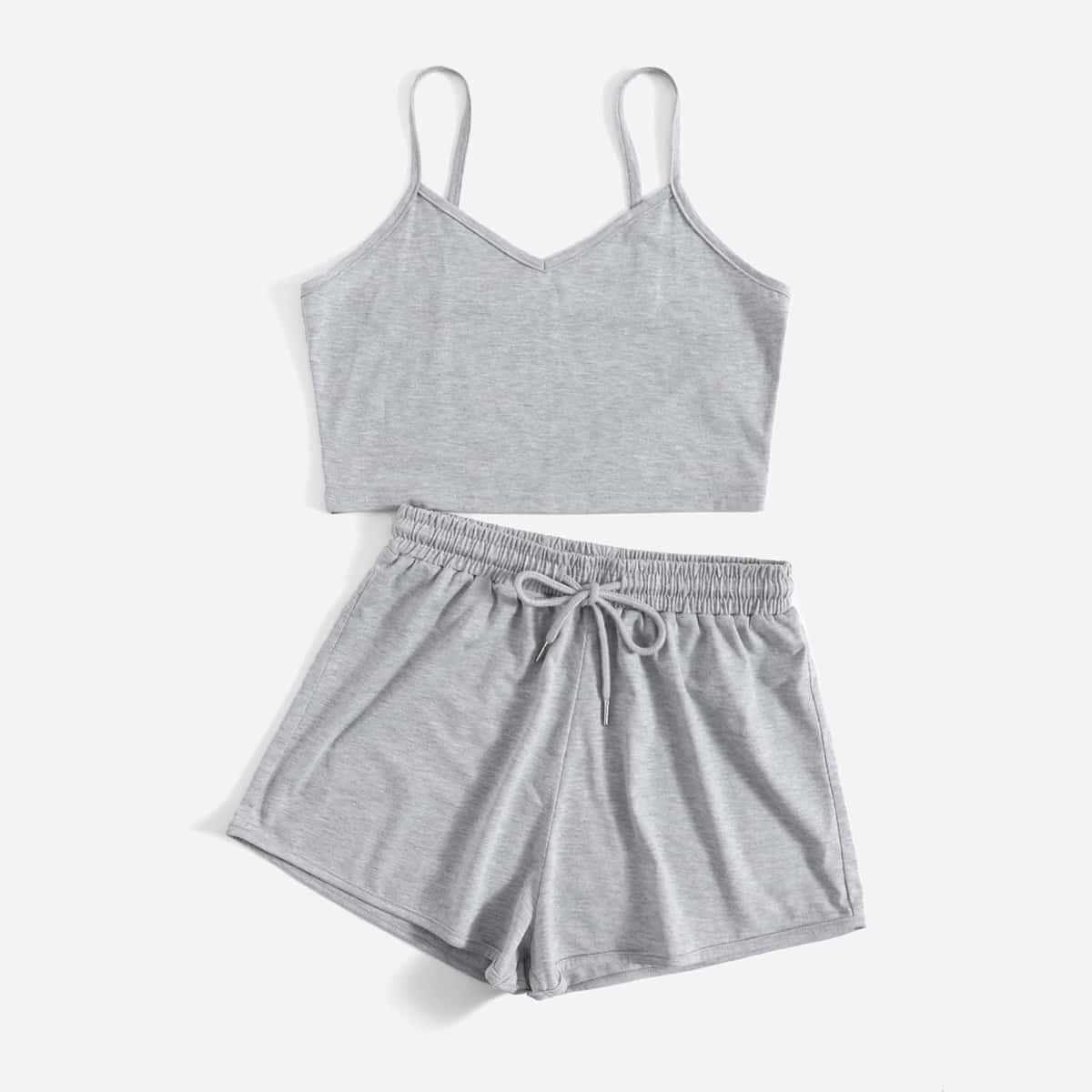 

Solid Crop Cami & Drawstring Shorts, Light grey