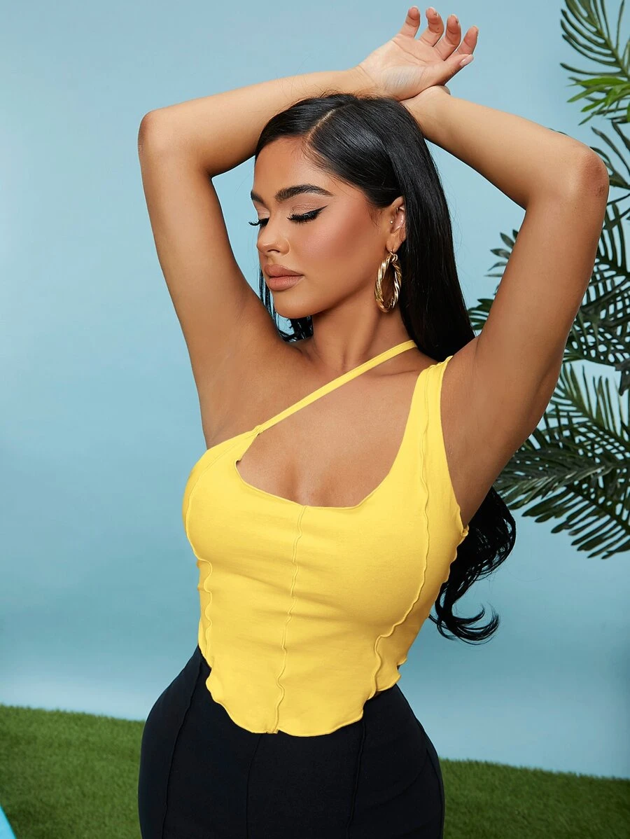 SHEIN SXY Solid One Shoulder Crop Going Out Tops - Yellow - View 1