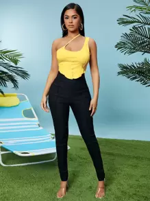 SHEIN SXY Solid One Shoulder Crop Going Out Tops - Yellow - View 6