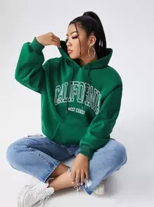 Flirla Plus Letter Graphic Pocket Drawstring Hoodie Fall Cloth For Women Winter Autumn - Green - View 1