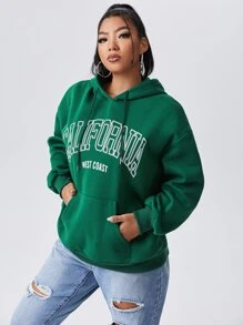 Flirla Plus Letter Graphic Pocket Drawstring Hoodie Fall Cloth For Women Winter Autumn - Green - View 3