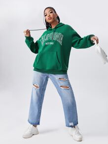 Flirla Plus Letter Graphic Pocket Drawstring Hoodie Fall Cloth For Women Winter Autumn - Green - View 4