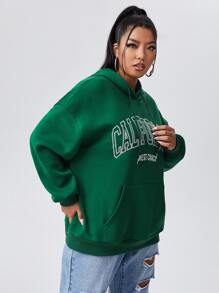 Flirla Plus Letter Graphic Pocket Drawstring Hoodie Fall Cloth For Women Winter Autumn - Green - View 5