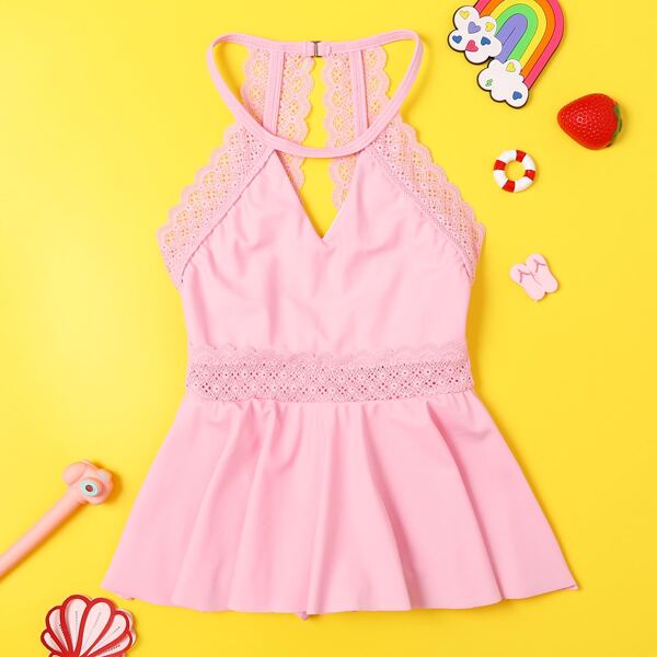 

Toddler Girls Contrast Lace Peplum One Piece Swimsuit, Pink