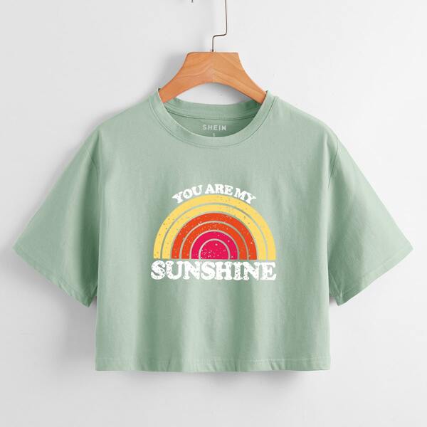 

Slogan & Rainbow Print Tee, Green
