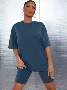 SHEIN SXY 落肩素色上衣和機車短褲套裝 - 藏蓝色 - 查看 1