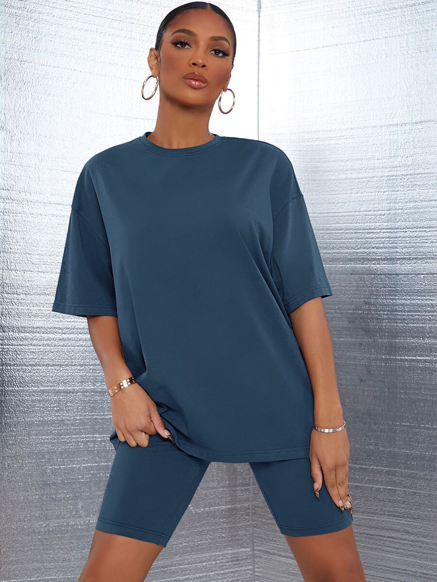 SHEIN SXY 落肩素色上衣和機車短褲套裝 - 藏蓝色 - 查看 1