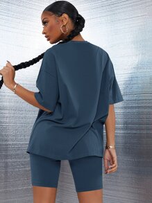 SHEIN SXY 落肩素色上衣和機車短褲套裝 - 藏蓝色 - 查看 2