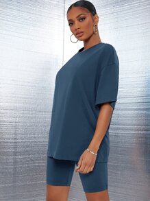 SHEIN SXY 落肩素色上衣和機車短褲套裝 - 藏蓝色 - 查看 3