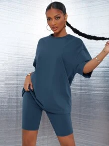 SHEIN SXY 落肩素色上衣和機車短褲套裝 - 藏蓝色 - 查看 5