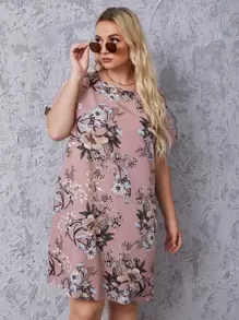 SHEIN Clasi 大碼印花直筒連衣裙 - 藕粉色 - 查看 1