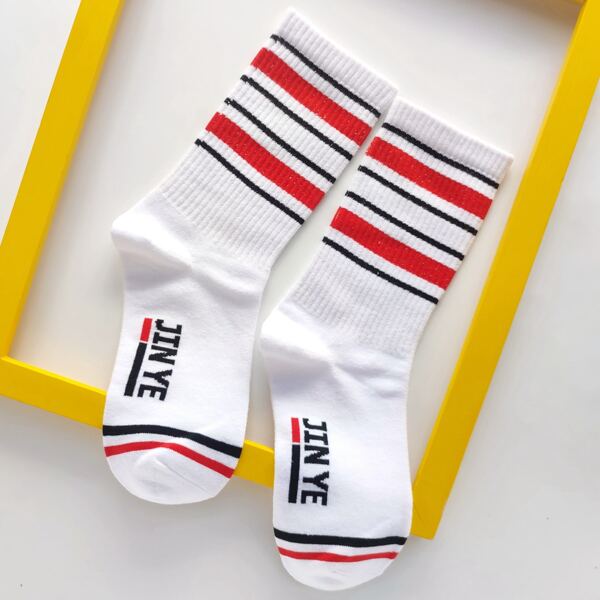 

Striped Pattern Crew Socks, White