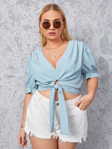 大碼褶邊荷葉袖V領下擺打結襯衫 - 藍色 - 查看 1