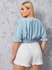 大碼褶邊荷葉袖V領下擺打結襯衫 - 藍色 - 查看 2