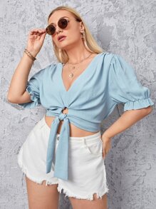 大碼褶邊荷葉袖V領下擺打結襯衫 - 藍色 - 查看 4