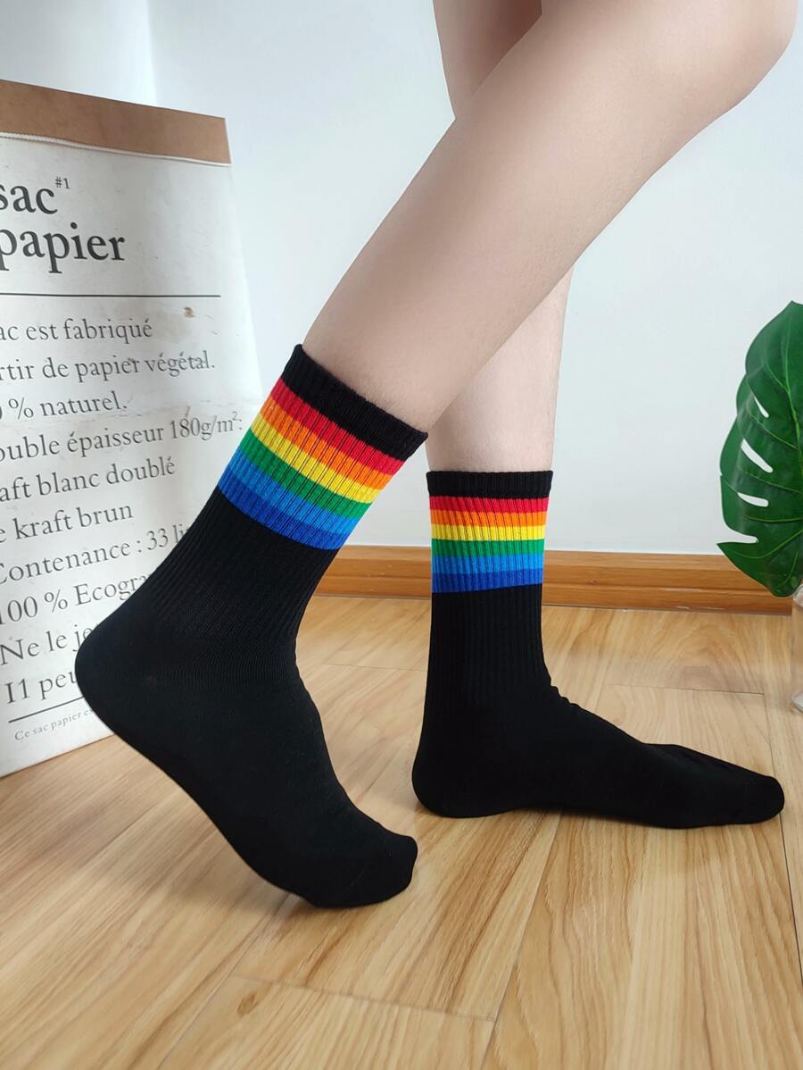 Rainbow Striped Crew Socks - Black - View 1