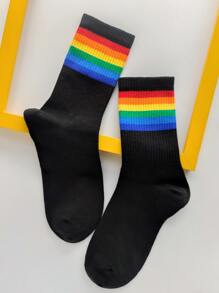 Rainbow Striped Crew Socks - Black - View 2