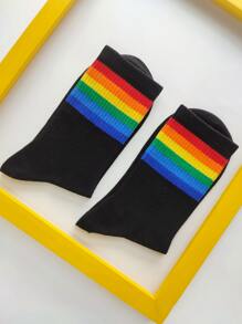 Rainbow Striped Crew Socks - Black - View 3
