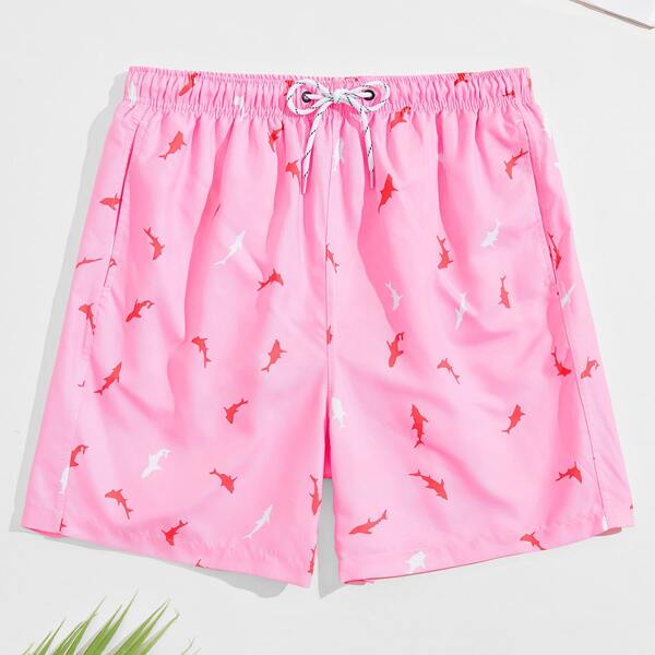 

Men Allover Dolphin Print Drawstring Waist Swim Trunks, Pink