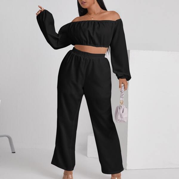 

Plus Off The Shoulder Bishop Sleeve Crop Top With Pants, Black