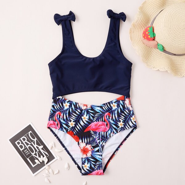 

Girls Flamingo & Tropical Cut-out One Piece Swimsuit, Multicolor