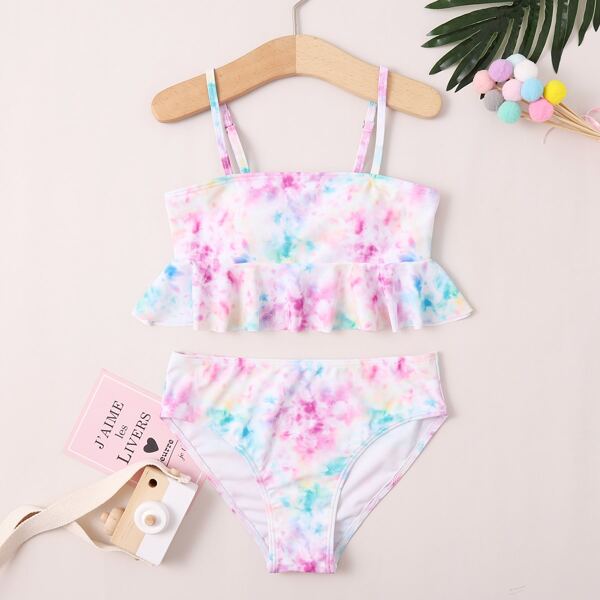 

Girls Tie Dye Ruffle Hem Bikini Swimsuit, Multicolor