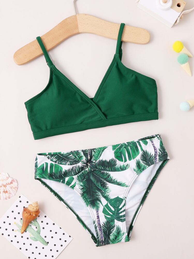 Conjunto de bikini con estampado tropical para niña preadolescente, playa de verano - Verde - Añade 1