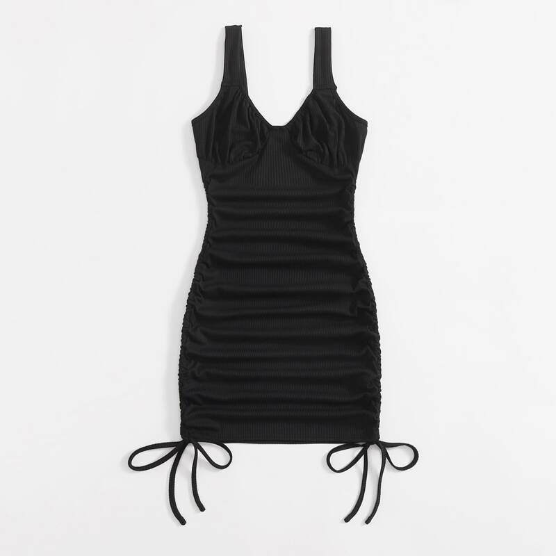 

Solid Drawstring Ruched Ribbed Dress, Black