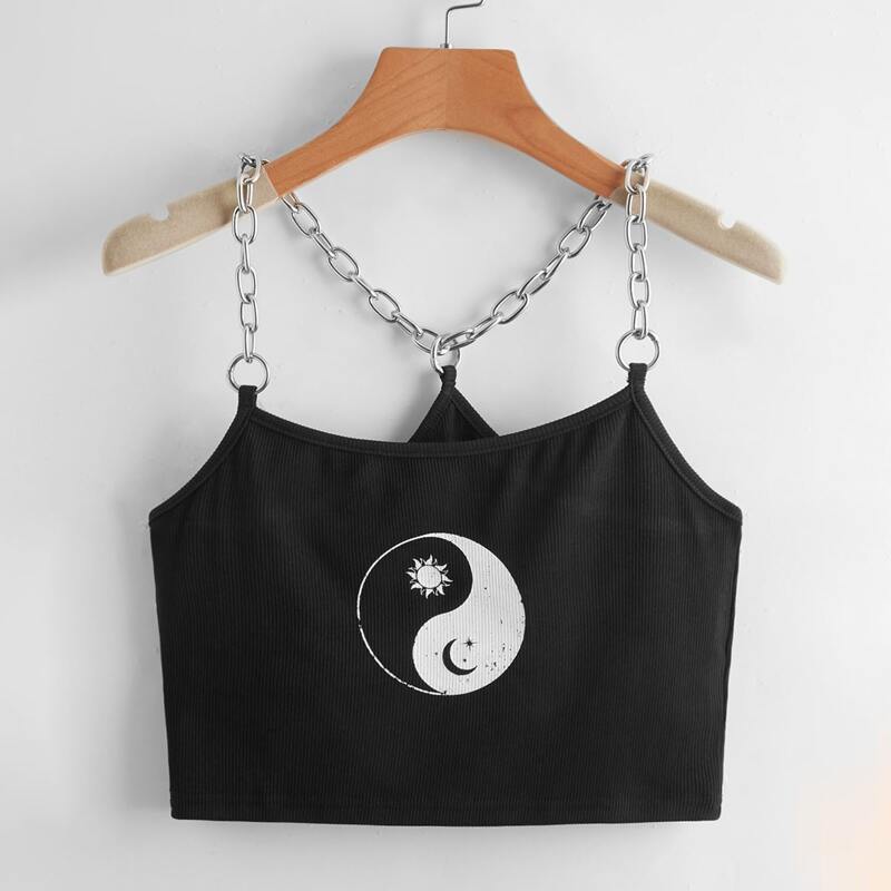 

Yin And Yang Graphic Chain Crop Cami, Black
