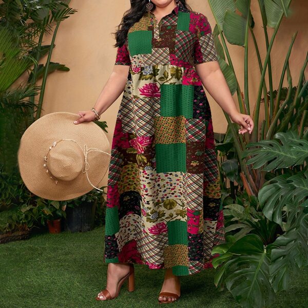 

Plus Floral & Patchwork Print Dress, Multicolor