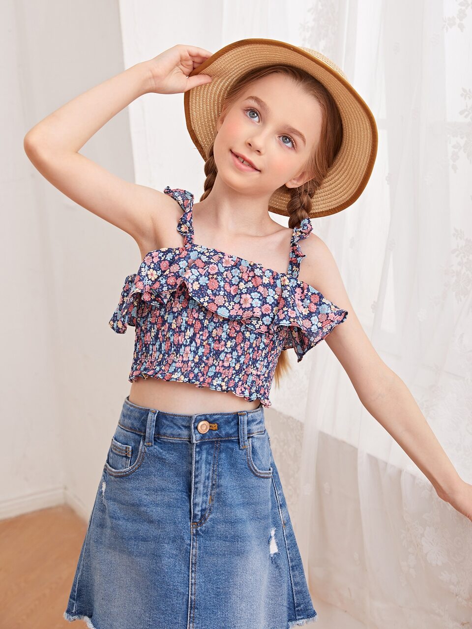 Girls Ditsy Floral Ruffle Shirred Cami Top