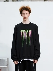 男士字母圖案落肩袖運動衫 - 黑色 - 查看 3