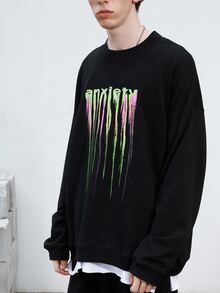 男士字母圖案落肩袖運動衫 - 黑色 - 查看 5