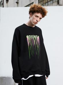 男士字母圖案落肩袖運動衫 - 黑色 - 查看 1