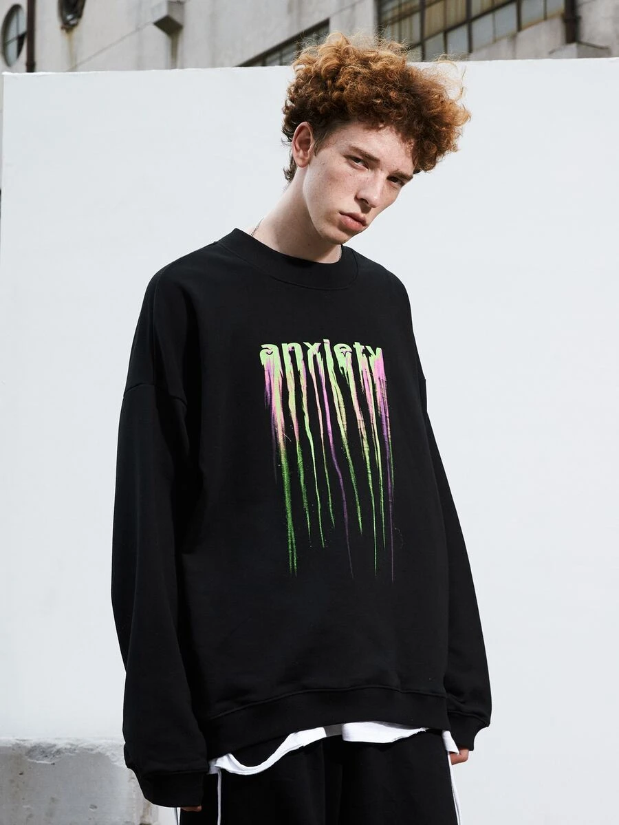 男士字母圖案落肩袖運動衫 - 黑色 - 查看 1