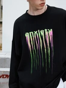 男士字母圖案落肩袖運動衫 - 黑色 - 查看 6