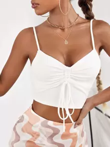 SHEIN Essnce Drawstring Ruched Rib Knit Cami Crop Top - White - View 6