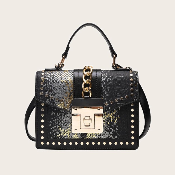 

Twist Lock Snakeskin Print Satchel Bag, Black