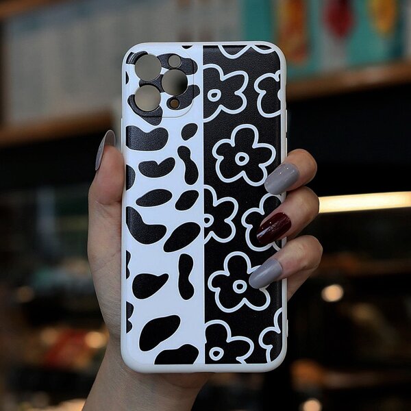 

Cow & Flower Print Phone Case, Black and white