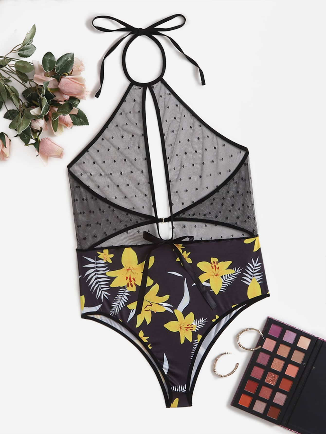 Plus Floral Print Dobby Mesh Halter Teddy Bodysuit - Multicolor - View 1