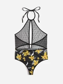 Plus Floral Print Dobby Mesh Halter Teddy Bodysuit - Multicolor - View 2