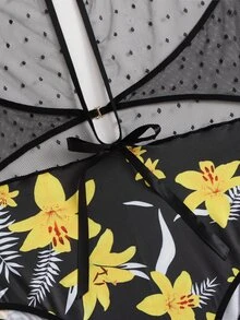 Plus Floral Print Dobby Mesh Halter Teddy Bodysuit - Multicolor - View 3