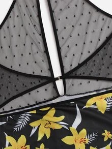 Plus Floral Print Dobby Mesh Halter Teddy Bodysuit - Multicolor - View 5