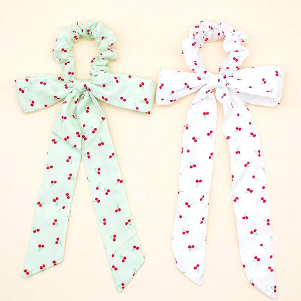 

2pcs Toddler Girls Cherry Print Scarf Hair Tie, Multicolor