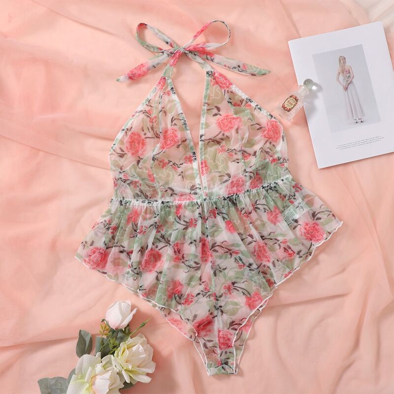 

Plus Floral Print Mesh Halter Teddy Bodysuit, Multicolor
