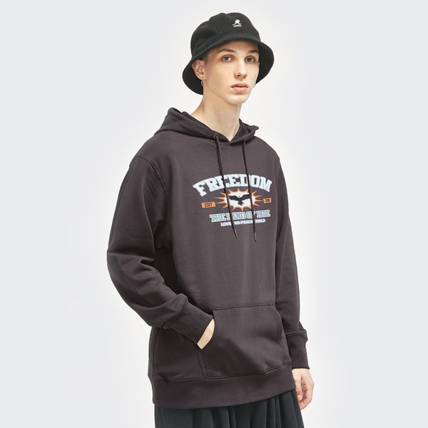 

Men Eagle & Slogan Graphic Kangaroo Pocket Hooded Sweatshirt, Brown