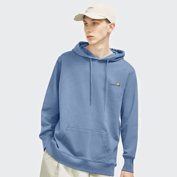 

Men Sunflower & Letter Graphic Kangaroo Pocket Hooded Sweatshirt, Dusty blue